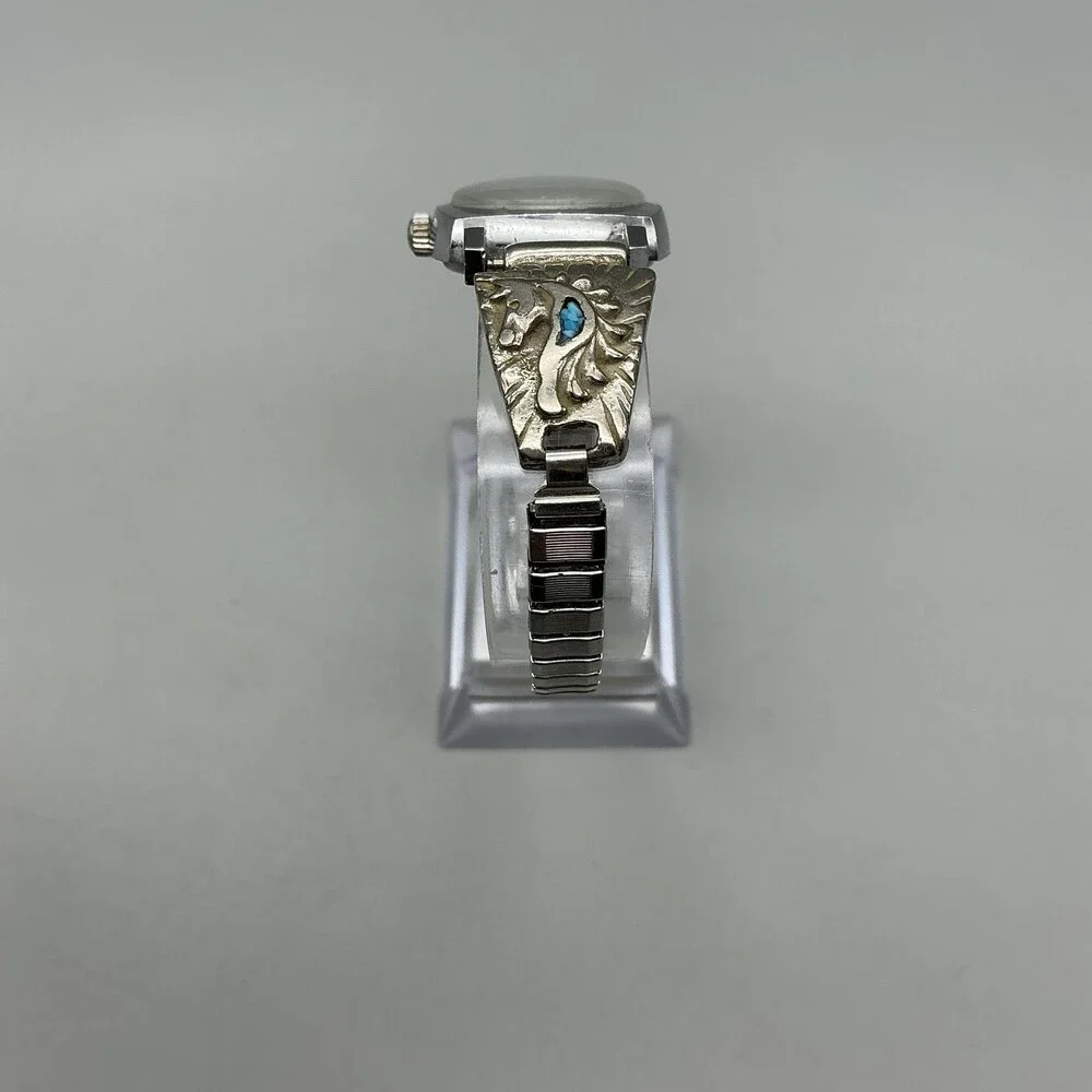 Vtg Caravelle Womens Watch 23mm Sterling Native American Signed Turquoise Manual